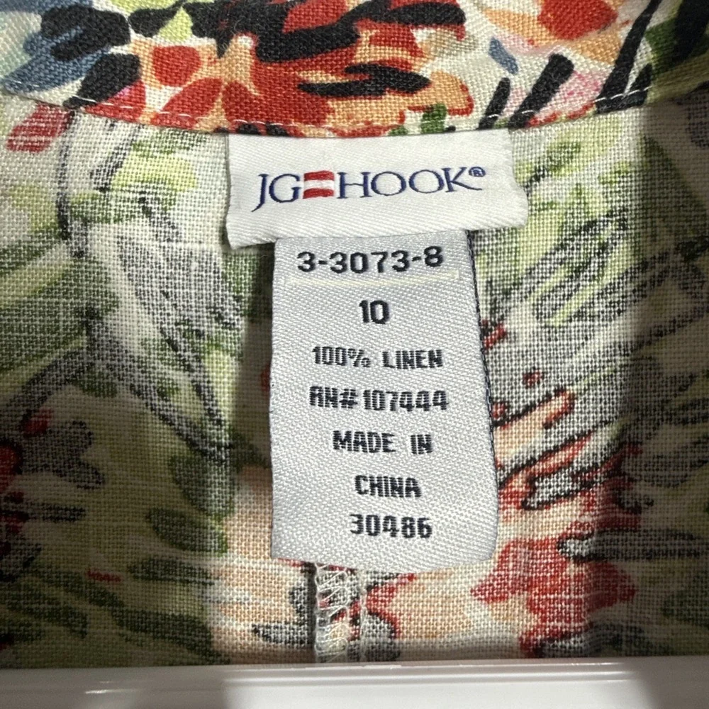 JG Hook Midi Dress Size 10 Linen Faux Wrap Multicolor Abstract Floral Belted - Picture 2 of 16